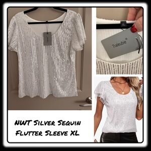 NWT Silver Sequin SPARKLY Party Top XL Flutter Sleeve Scoop Neck